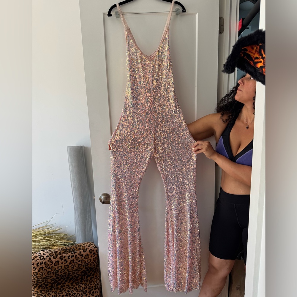 Club Exx Sparkle Nights Pink Holographic Sequin Jumpsuit